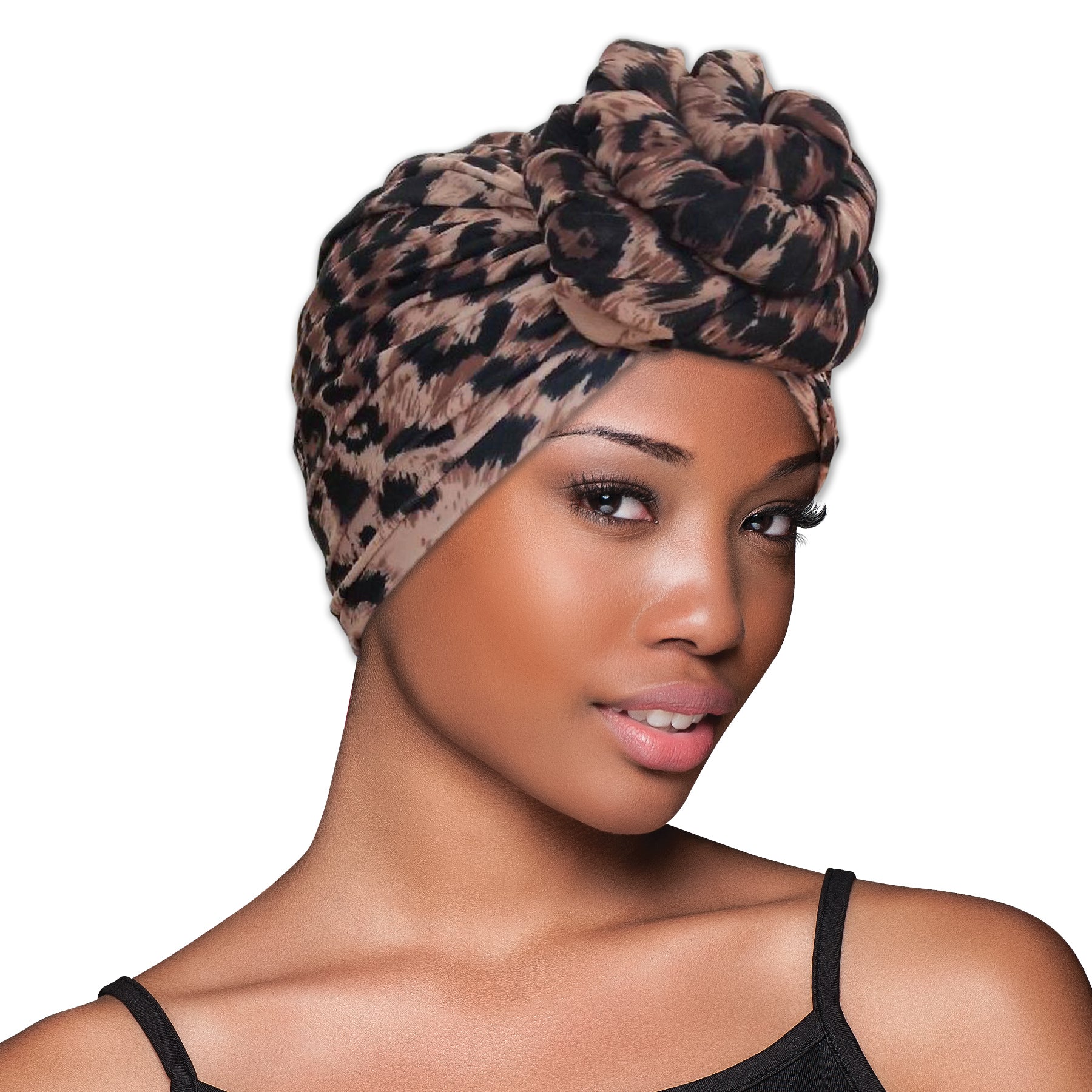 High Quality Top Knot Leopard Print Turban Style Chemo Alopecia NWT Kiss Colors & Care Pre-Tied Top Knot Turban - Leopard – KISS USA main image 4