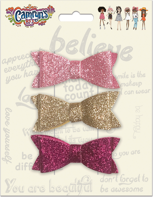 Glitter Hair Bow Clips / 3-Pack - 823