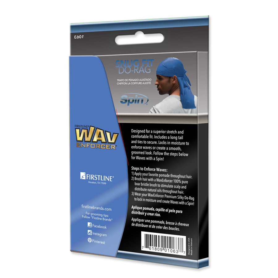 back of wavenforcer blue snug fit do-rag package