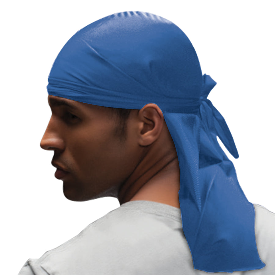 man wearing wavenforcer blue snug fit do-rag