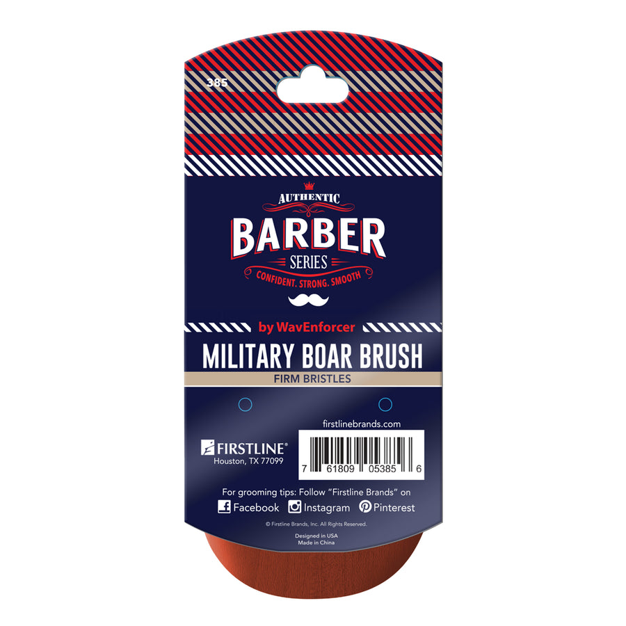 back of WavEnforcer Barber Series Military Boar Brush packaging 