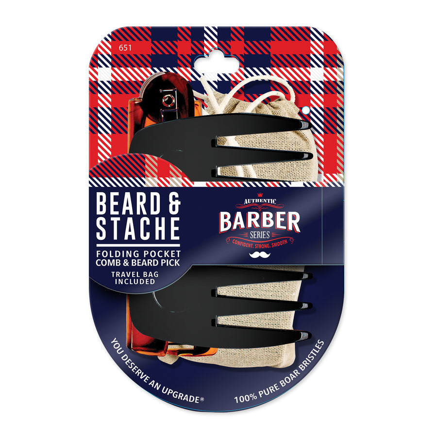 front of wavenforcer barber series beard and mustache  folding comb and pick  grooming set package
