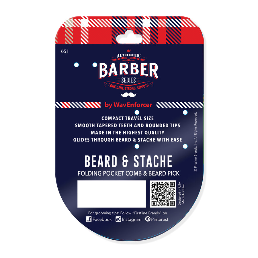 back of wavenforcer barber series beard and mustache  folding comb and pick  grooming set package