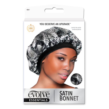 model wearing Evolve's satin Moroccan print bonnet on front of product package