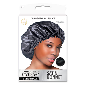 model wearing Evolve's black satin bonnet on front of product package