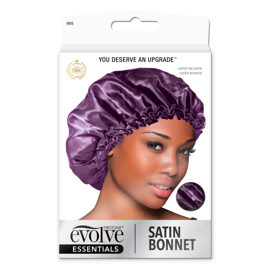 model wearing Evolve's purple satin bonnet on front of product package