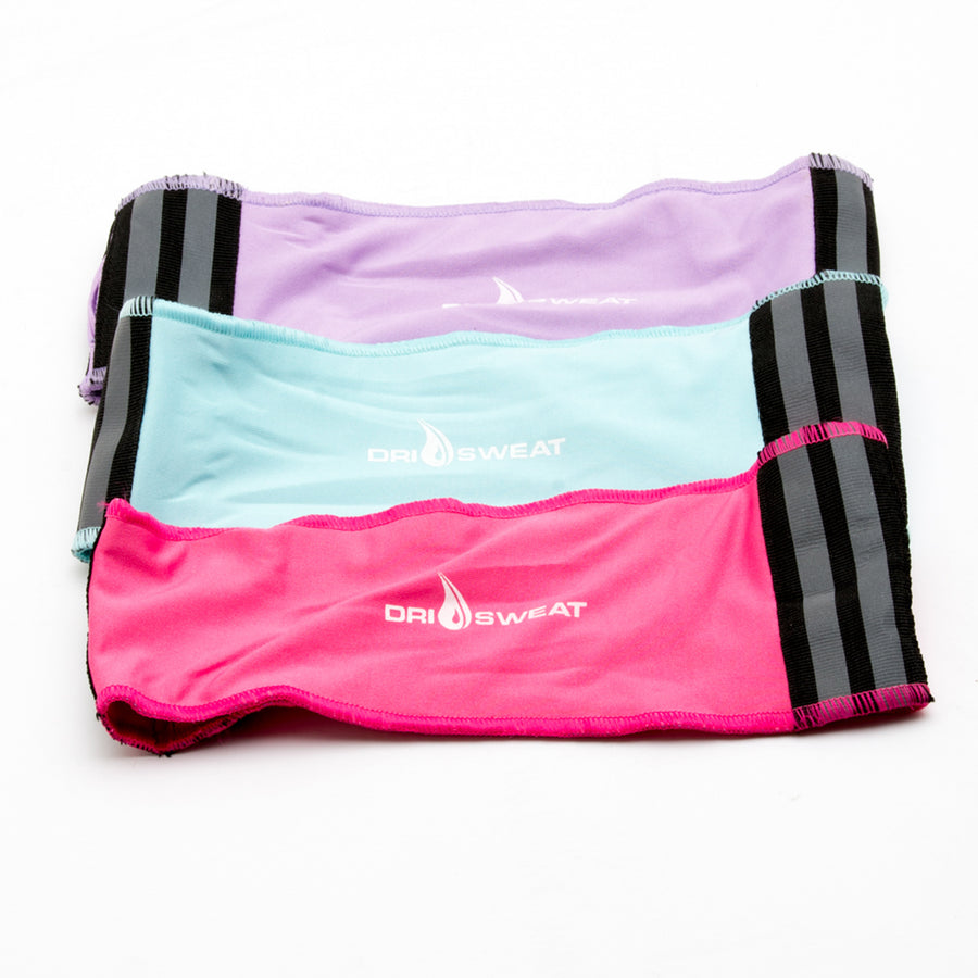 Purple, light blue and pink Dri Sweat® In Motion Reflector Headbands