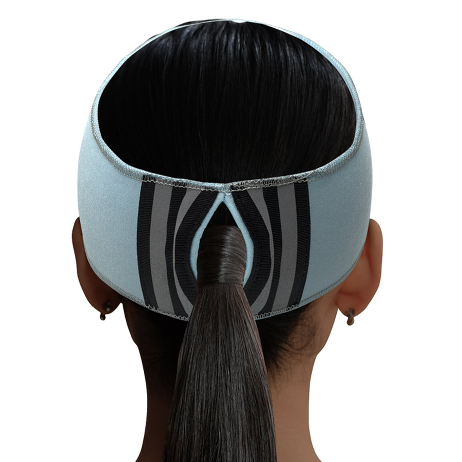 women wearing Dri Sweat® In Motion Reflector Headband and showing ponytail split 