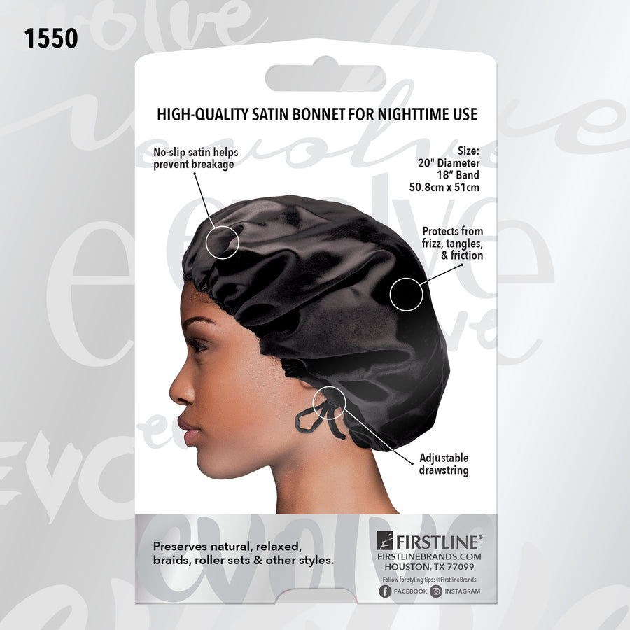 Model wearing Evolve's black satin adjustable bonnet on the back of product package with product details highlighted