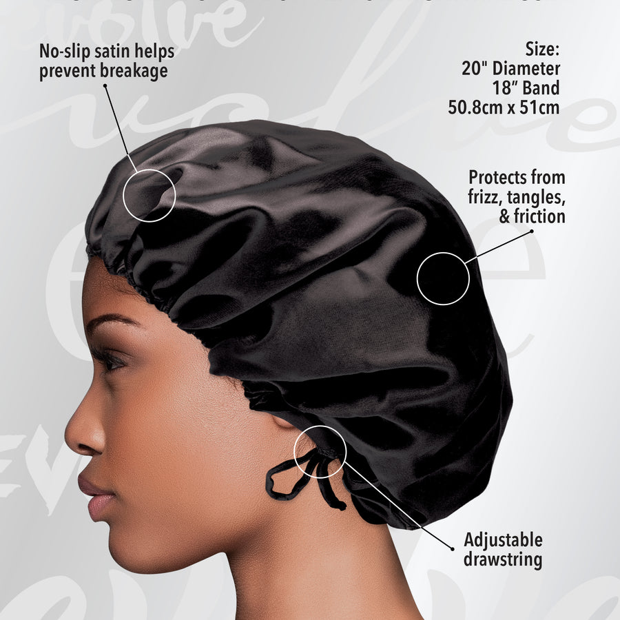 model wearing Evolve's black satin adjustable bonnet with product highlights called out