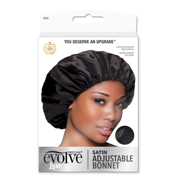 Model wearing Evolve's black satin adjustable bonnet on front of product package