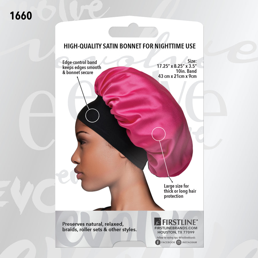 model wearing Evolve's pink satin wide-edge bonnet on the back of product package with product details highlighted
