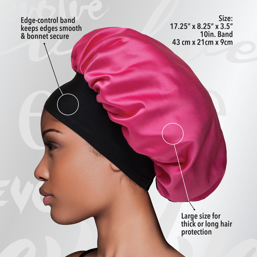model wearing Evolve's pink satin wide-edge bonnet with product highlights called out