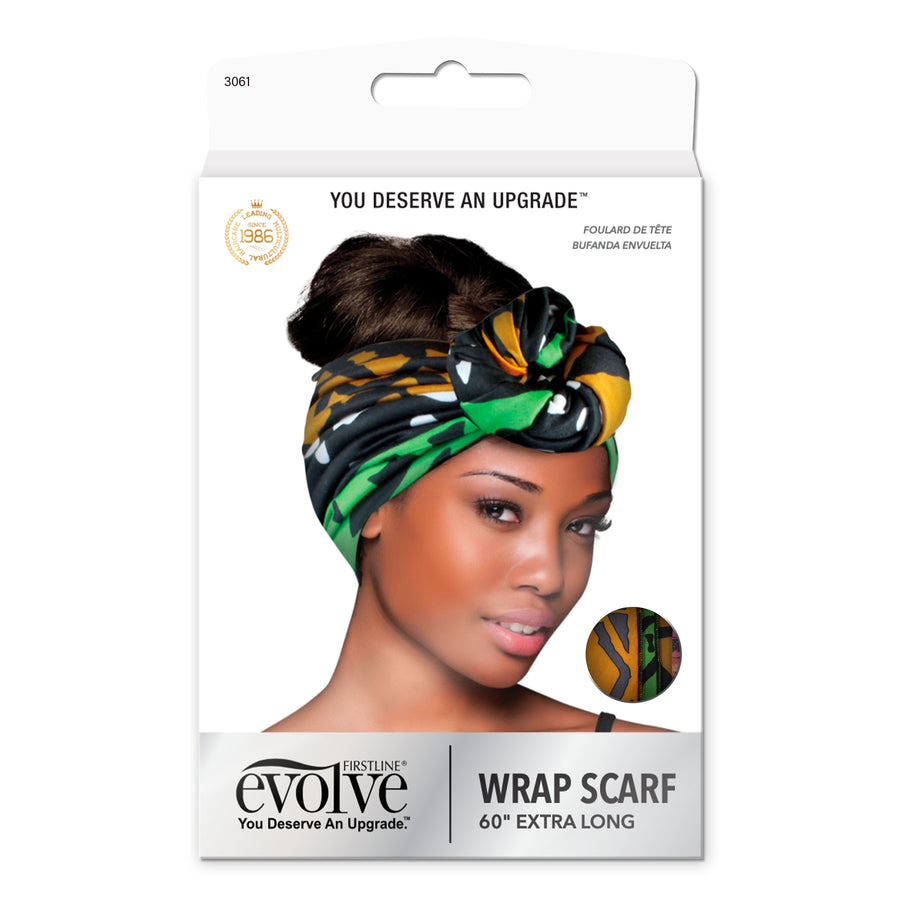 model wearing Evolve's green, black & gold wrap scarf on front of product package
