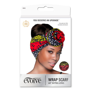 model wearing Evolve's reddish orange with yellow wrap scarf on front of product package