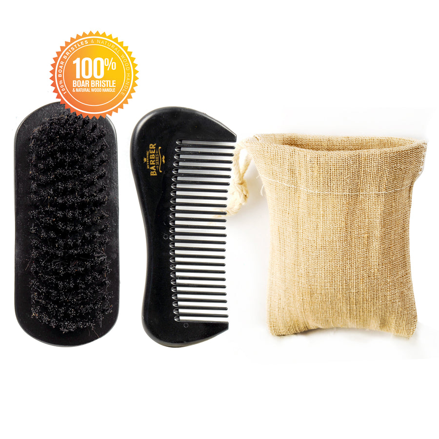 WavEnforcer Barber Series Smooth & Groom military brush, beard comb and carry bag