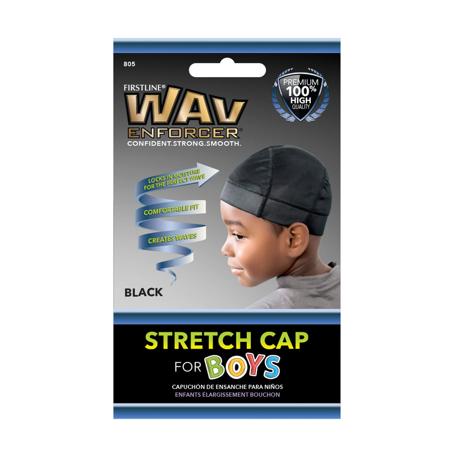 Front of WavEnforcer black stretch cap package for boys