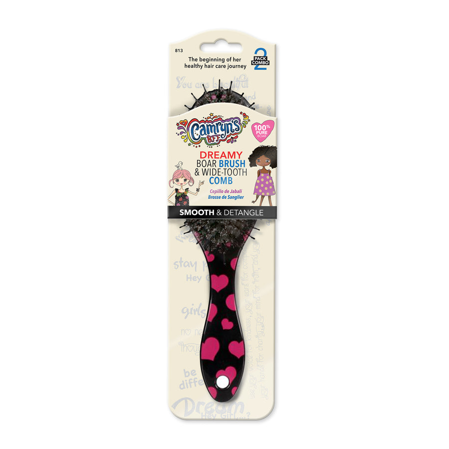 front view of Camryn's BFF Dreamy Boar Brush & Wide-Tooth Comb Set in packaging 