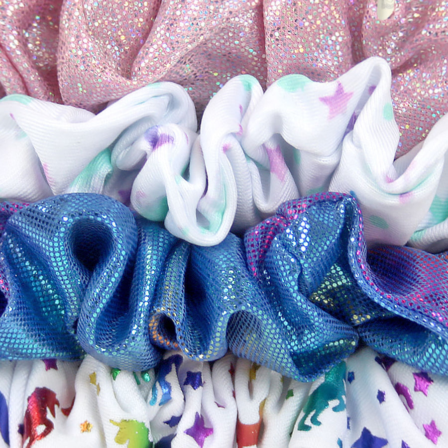 detailed view of Camryn's BFF metallic Scrunchies 4-Pack